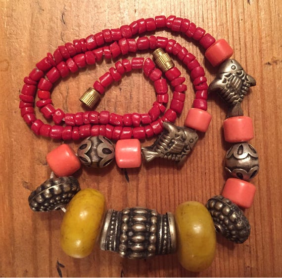 Vintage Tribal North African Necklace Coral Amber… - image 1