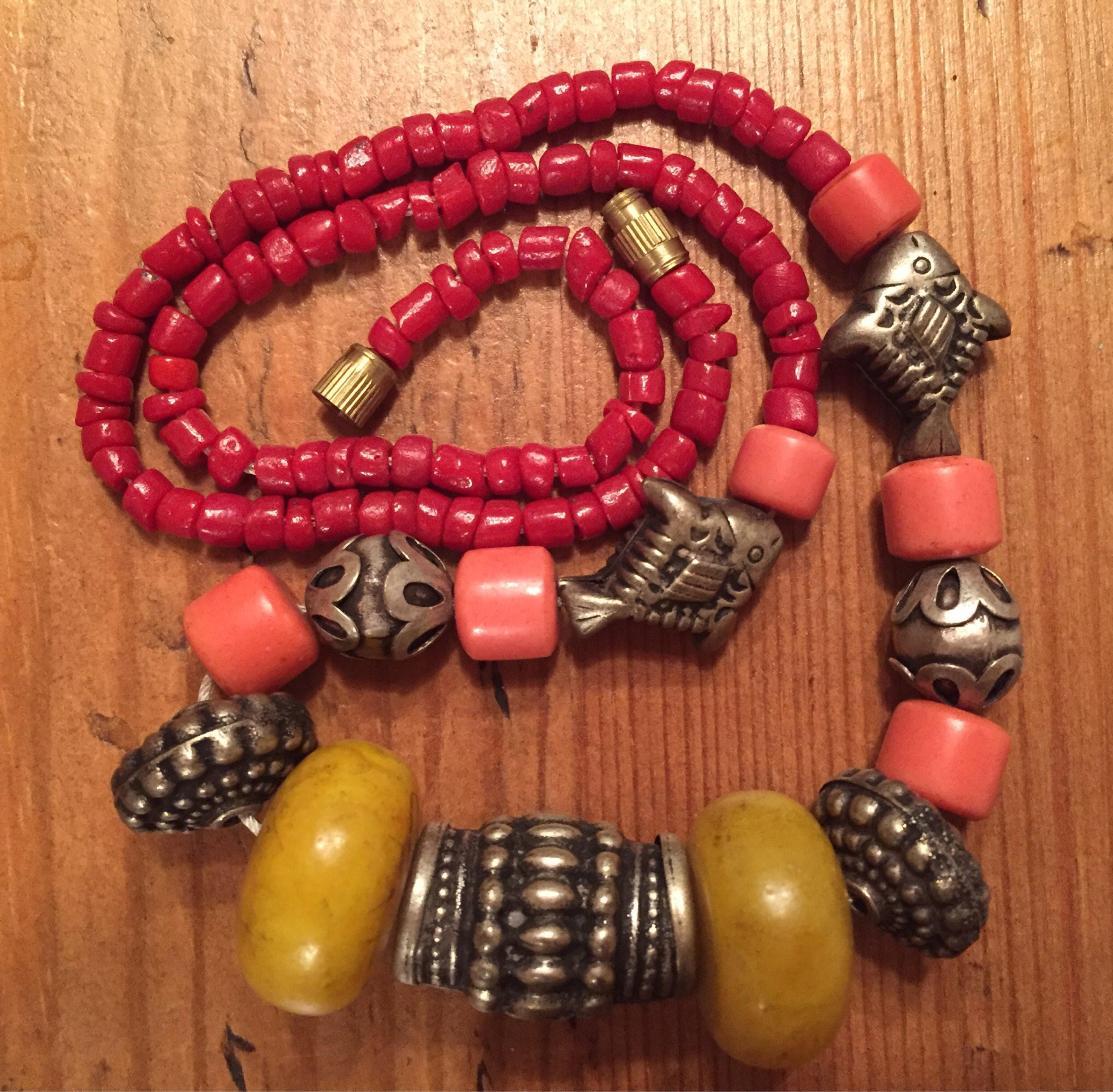 Vintage Tribal North African Necklace Coral Amber Resin Copal