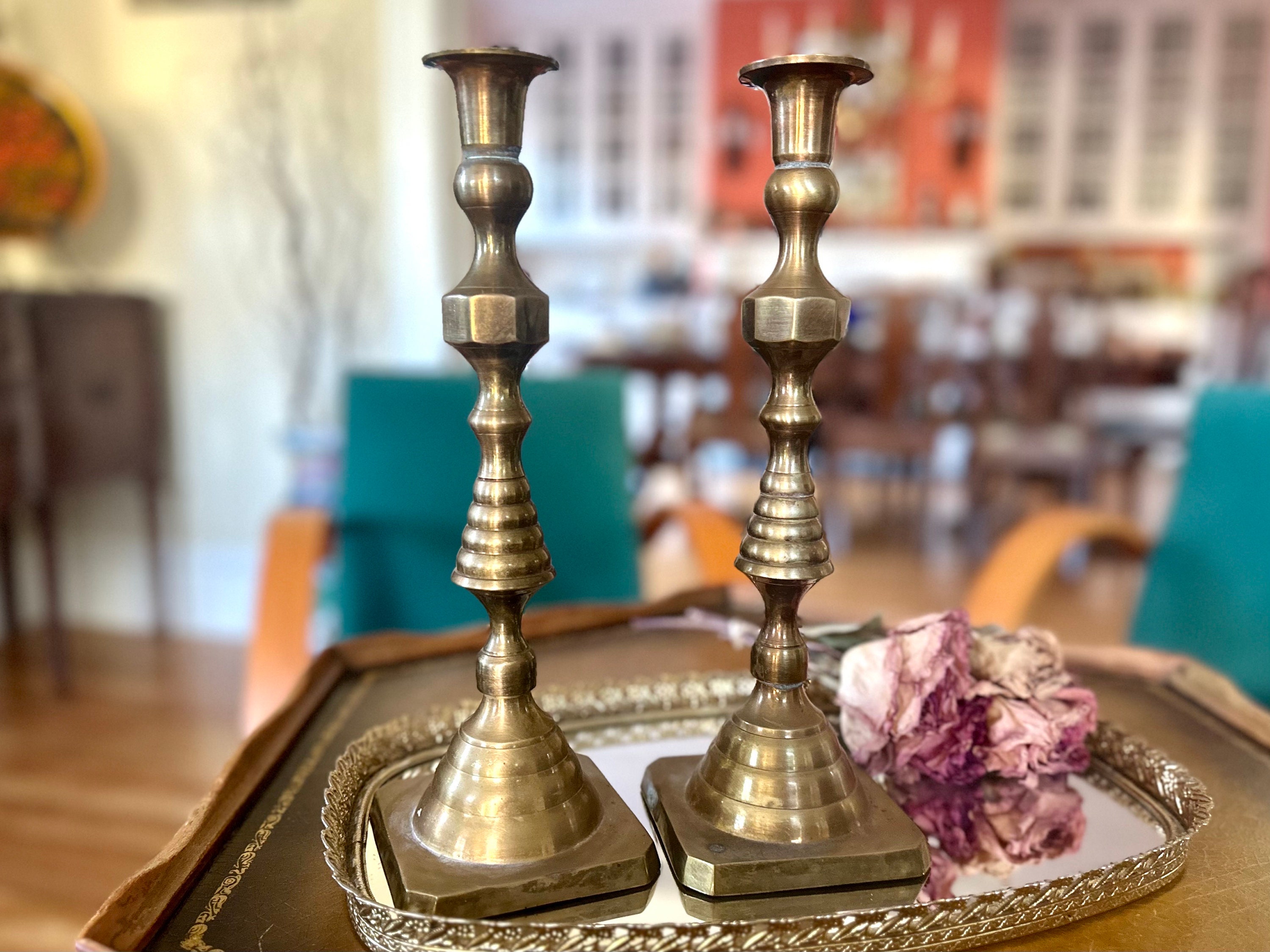 A Pair of Large 12 Solid Brass Beehive Candlesticks Shabbat Candle Holders  Vintage W. M. Rogers & Son Hand Made in India 
