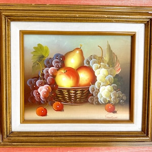 Vintage Original Oil Painting Of Fruit And Berries In A Basket Still Life Framed Signed