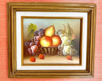 Vintage Original Oil Painting Of Fruit And Berries In A Basket Still Life Framed Signed
