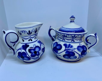 Gzhel Porcelain Sugar Bowl with Floral Pattern Handmade Russian Porcelain