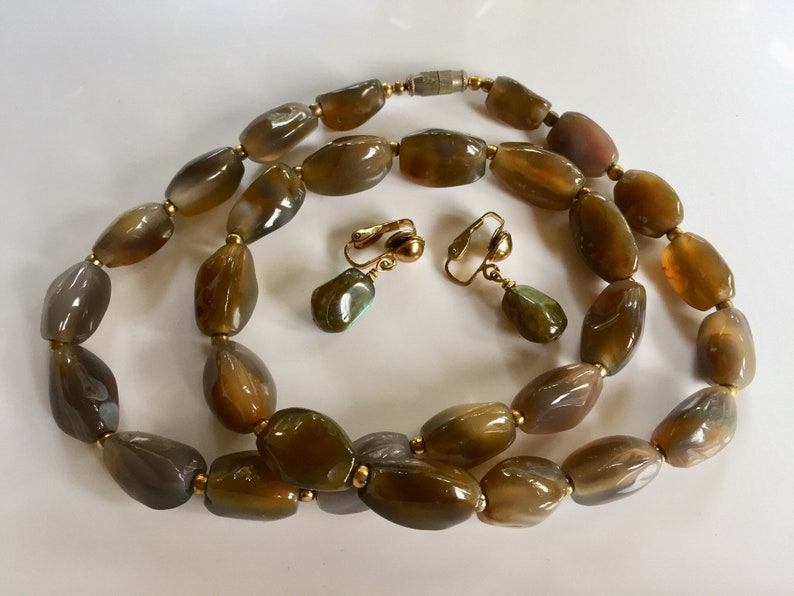 Midcentury Russian Grey Moonstone Necklace and Clip On Earrings Set OL28