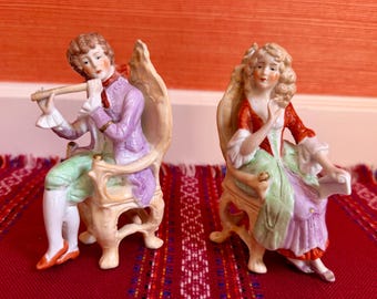 Antique German Porcelain Figurines Unger Schneider Gräfenthal Victorian Flute Couple DEP 11982 11980 Circa 1891-1910