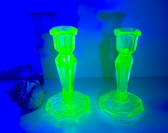 A Pair Of Candle Holders 1920s Uranium Vaseline Depression Glass Antique Green Glass Collectible Decor Hexagon Base