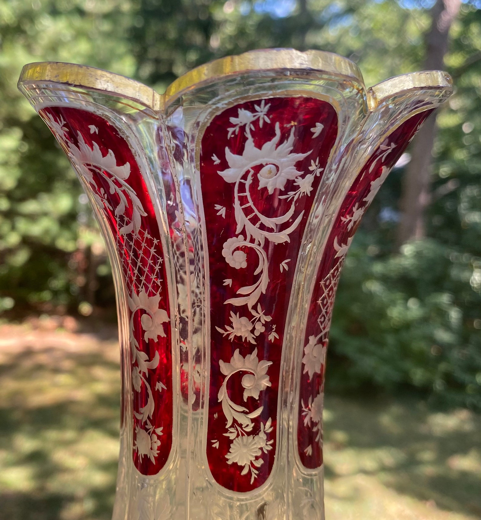Antique Bohemian Ruby Red Crystal Vase With Gold Details - Etsy