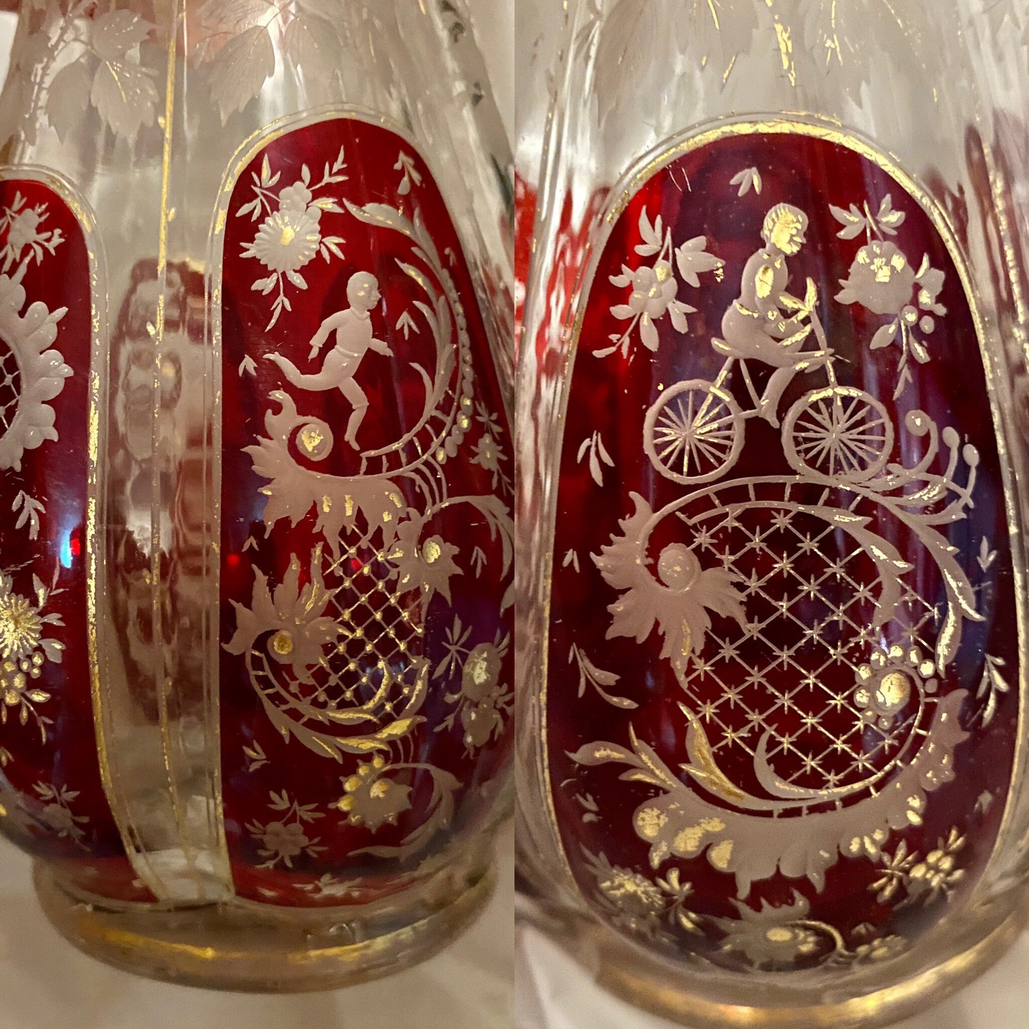 Antique Bohemian Ruby Red Crystal Vase With Gold Details Collectible ...