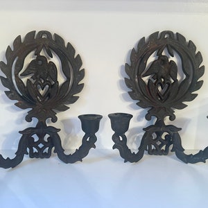A Pair Of Large Vintage Cast Iron Wall Sconces Rustic Double Candle Holders Hand Forged