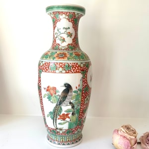 Vintage Large Asian Vase Flowers Birds In The Garden Gold Embellished - Hand Painted Signed