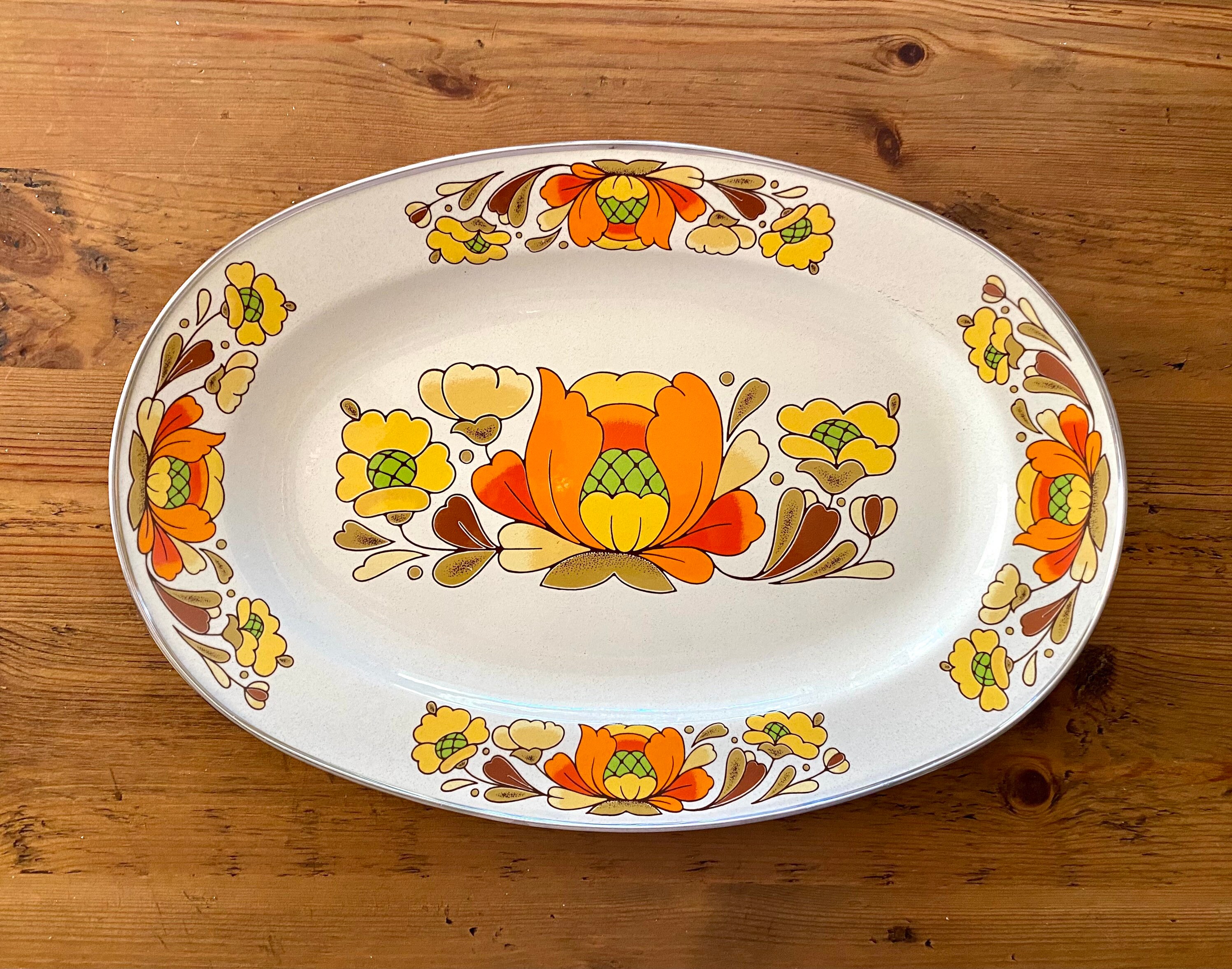 Midcentury Large Enamel Oval Platter Retro Flower Metal Tin With