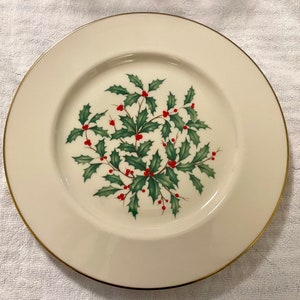 Vintage Lenox L5 Natale Holly Berry Piatto da pranzo Gold Trim Gold Laurel Stamp Special Edition