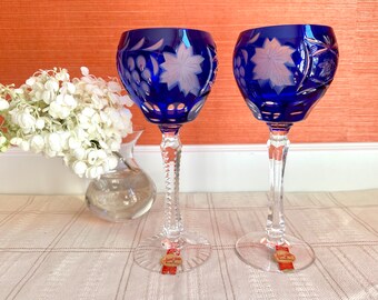 Pair Of 24% Lead Crystal Glasses Cobalt Blue Anna Hutte Bleikristall Cut to Clear Crystal Wine Glasses Vintage Wine Hocks West Germany