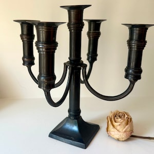 Vintage Solid Varnished Brass 5-Arm Candelabra Classic Colonial Candle Holder Centerpiece Elegant 9 1/4” Tall