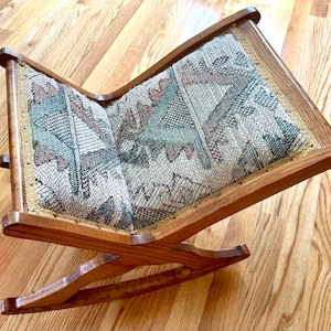 Vintage French Rocking Cushioned Foot Rest Foot Stool Swing Footstool Wooden Footrest Living Room Decor Patterned Circa 1960s Oak Wood