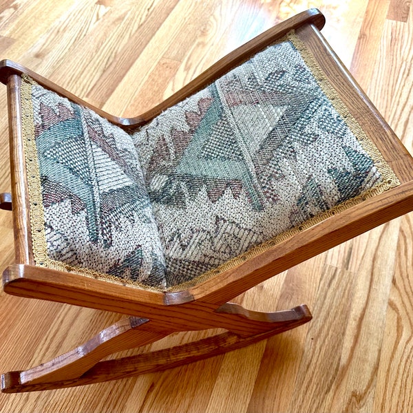 Vintage French Rocking Cushioned Foot Rest Foot Stool Swing Footstool Wooden Footrest Living Room Decor Patterned Circa 1960s Oak Wood