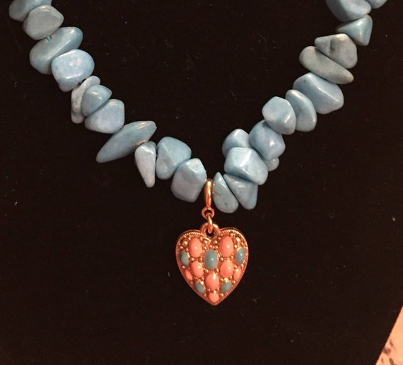 26" Genuine Turquoise Necklace With Gold Heart Pe… - image 1