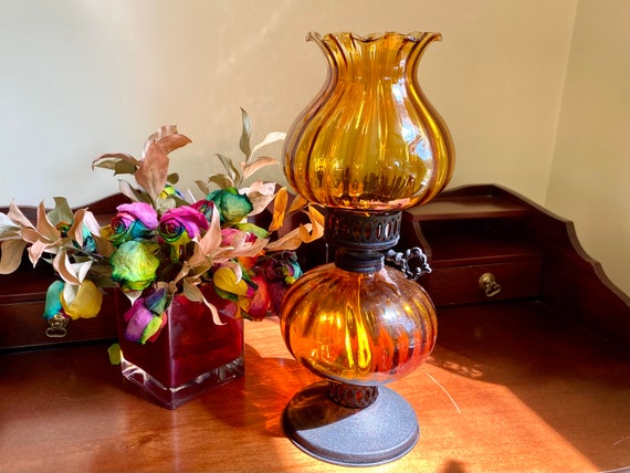 Vintage Oil Lamp With Amber Glass Hurricane Shade Australia Vintage Oil Lamp With Amber Glass, Hurricane Lamp Shades Replacement
