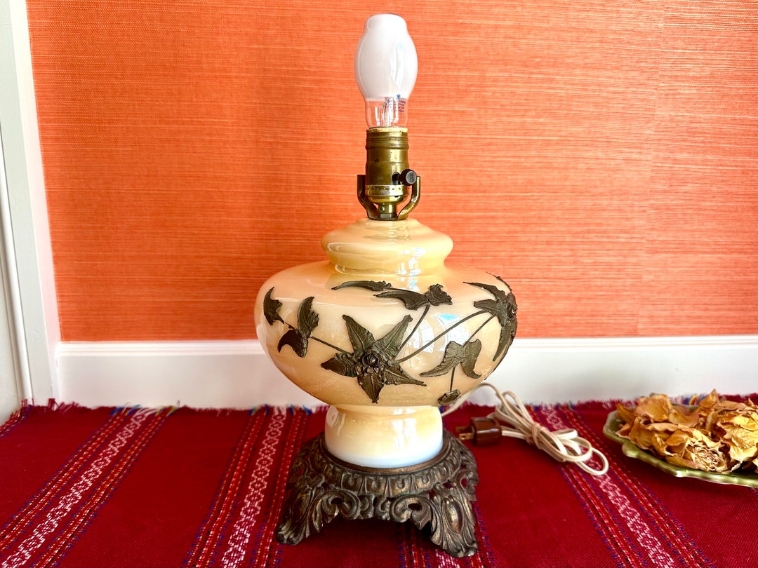 Vintage Carl Falkenstein Lamp: Opalescent Glass Globe, Brass Roses