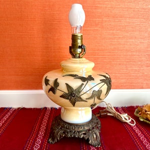 Vintage Carl Falkenstein Lamp: Opalescent Glass Globe, Brass Roses, Hollywood Regency