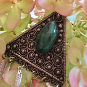 Vintage 935 Sterling Silver and Green Eilat Stone Malachite Pin Pendant from Israel Yemenite Filigree Jewelry