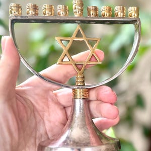 Brass Hanukkah Menorah Footed Judaica Jewish Holiday Candelabra Modern Design Magen David 1960s With Red Velvet Box Signed Alef Judaica