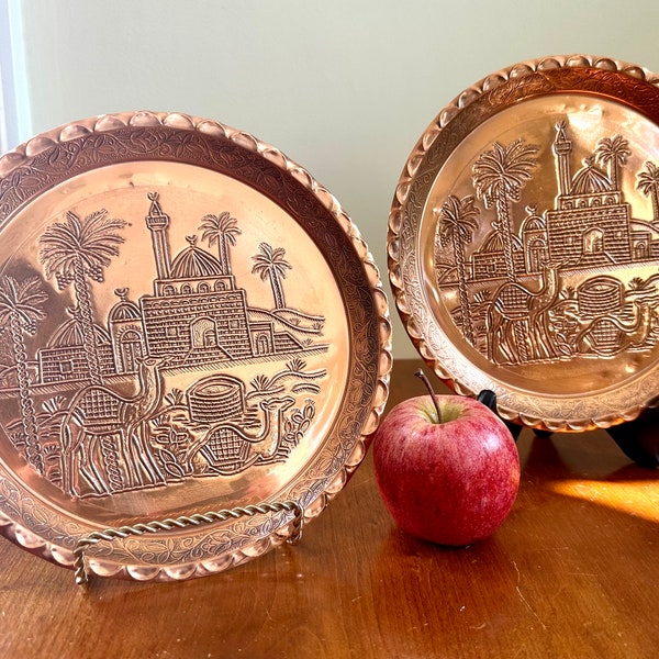 2 Embossed Copper Identical Wall Plates Israel Judaica Design Wall Hanging Vintage Collectible Decorative Plates Camels