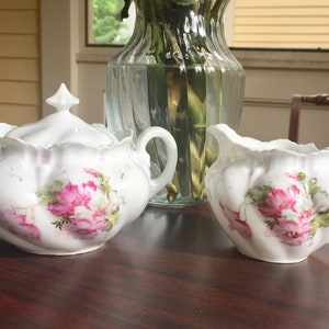 Antique R S Prussia Sugar And Creamer, Germany White Background, Floral, Bone China, Early 1900s