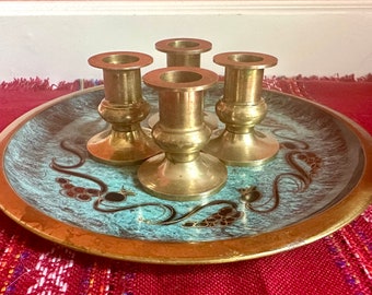 Vintage Shabbat Set 4 Solid Brass Candlesticks Candle Holders With A Brass And Verdigris Tray Judaica Hebrew 1950s