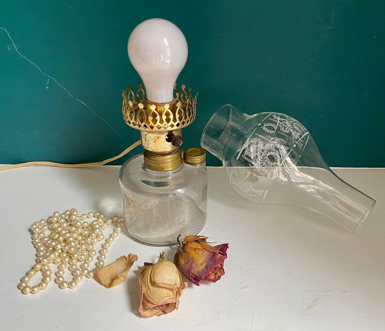 Antique Kerosine Oil Lamp Electrified Stenciled Chimney Etsy