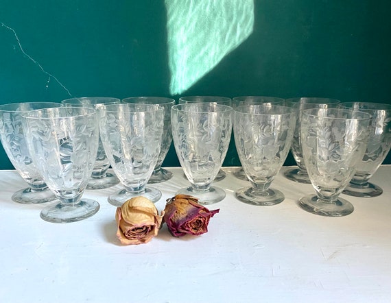 Rare Hand Blown Needle Etched Water, Iced Tea or Juice Glasses