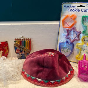 Vintage Hanukkah 6 Pieces Set Includes: Hanukkah Cookie Cutters, Handmade Velvet Kippah, Lace Head Covering, Dreidel, 2 Chanukah decorations