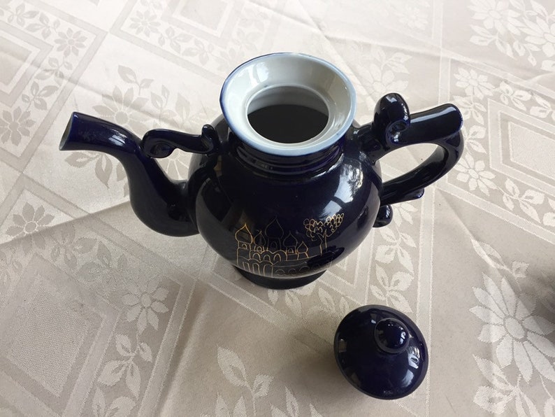 Vintage Porcelain Teapot Coffee Pot Dark Blue Cobalt 24K Gold Novgorod 1974 Russia USSR Hand Painted LS7 image 5