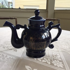 Vintage Porcelain Teapot Coffee Pot Dark Blue Cobalt 24K Gold Novgorod 1974 Russia USSR Hand Painted LS7 image 8