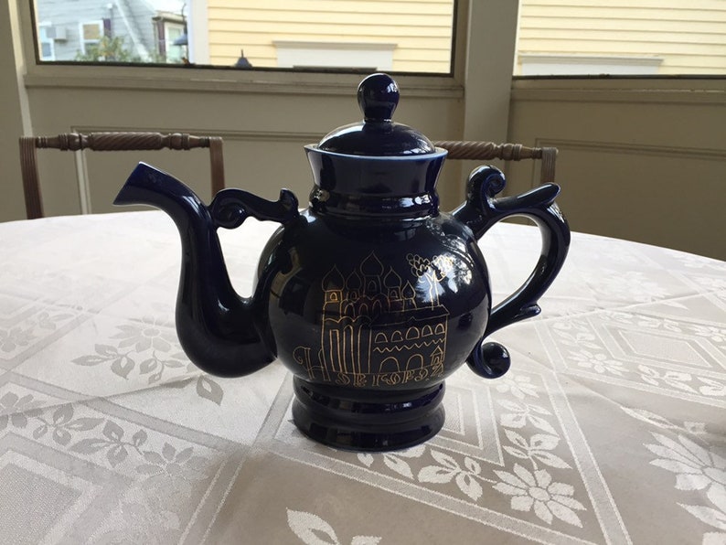 Vintage Porcelain Teapot Coffee Pot Dark Blue Cobalt 24K Gold Novgorod 1974 Russia USSR Hand Painted LS7 image 8