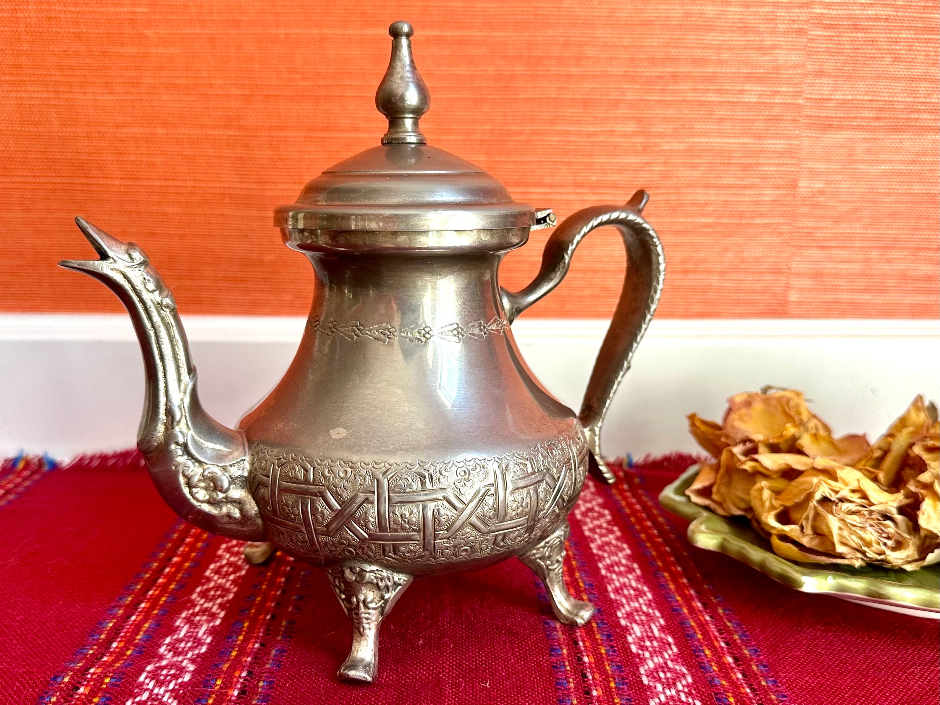 Vintage Moroccan Tea Pot Footed Pewter Traditional and Ornate