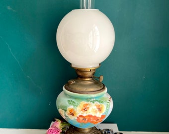Antique Hurricane Lamp Boudoir Bedside Victorian Parlor Hand Painted Lamp GWTW Light Complete Working