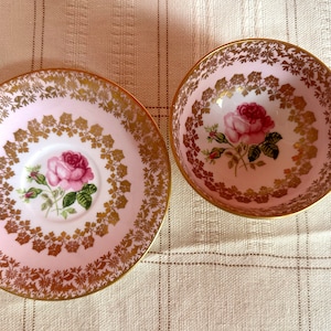 Beautiful Vintage English Tea Cup And Saucer Set Windsor Bone China Intricate Gold Lace Pattern on Pink