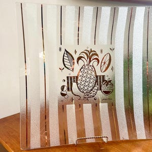 Large Georges Briard Glass Platter Tray Signed Golden Fruit MCM Barware Serving Tray Midcentury Modern Decor 14 3/4” Square