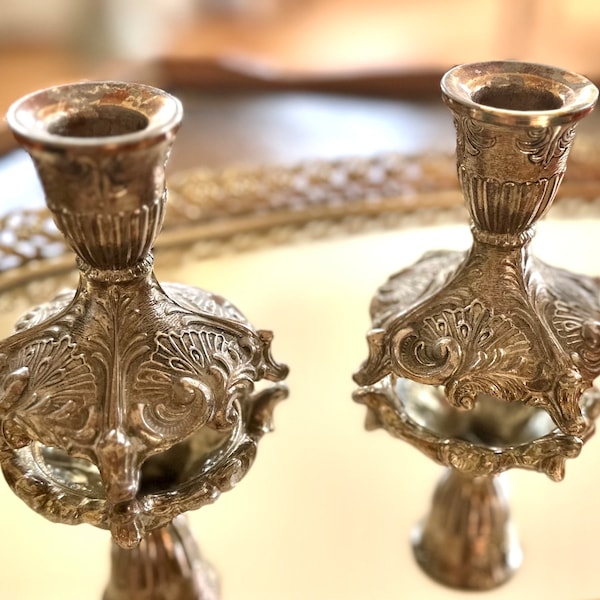Brass Silver Plated Footed Candle Holders Vintage Shabbat Candle Sticks