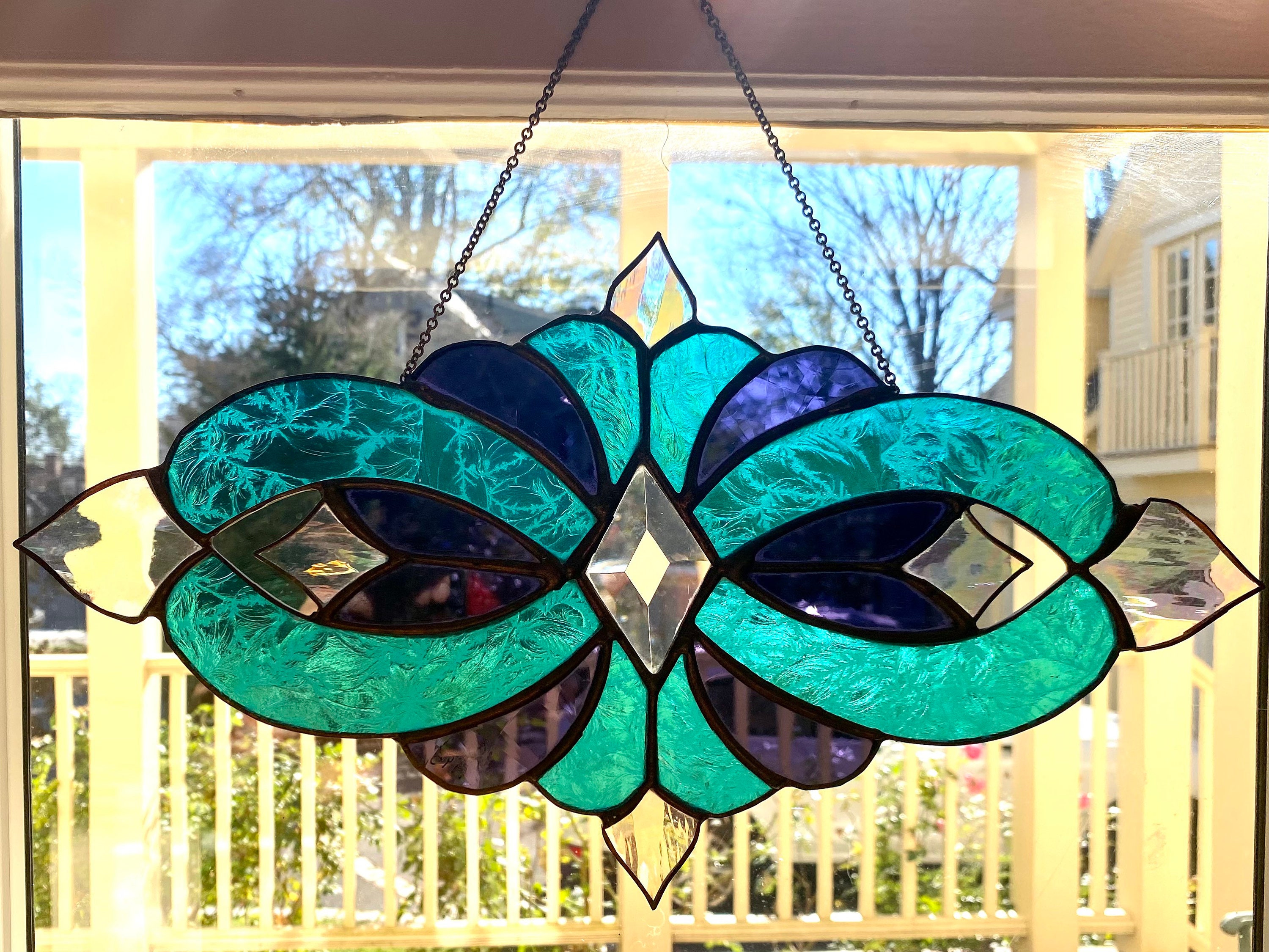 Vintage Stained Glass Wall Hanging Panel Blue Turquoise and Etsy