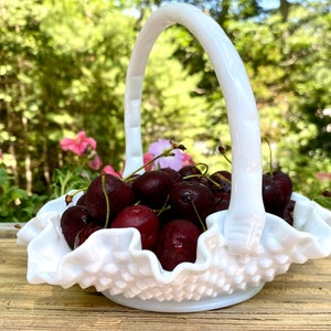 Adorable Fenton Milk Glass Hobnail Crimped Ruffled Edge Basket With A Handle Bridal Basket Bowl Dish