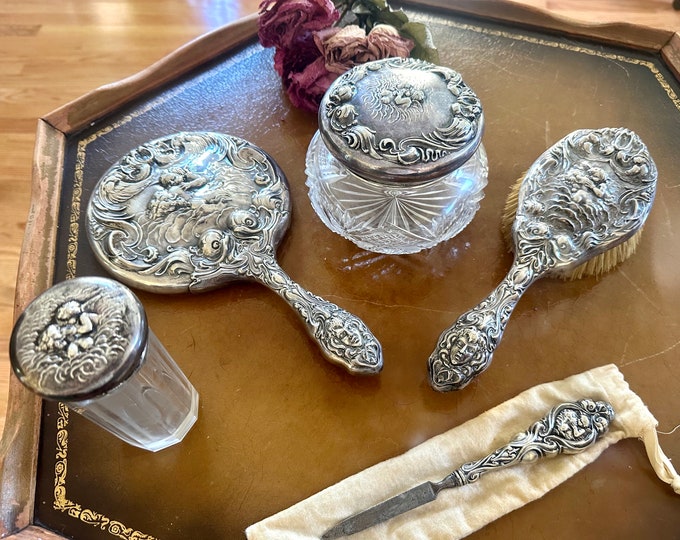 1890s Unger Bros. Sterling Silver Dresser Set Vanity 5pc Set Art ...
