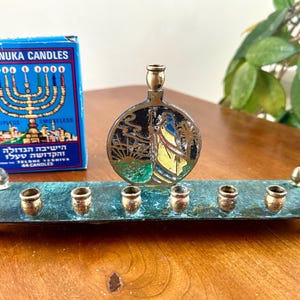 Midcentury Solid Brass Hanukkah Menorah Judaica Israel Jewish Holiday Candelabra 1960s Signed Dayagi Hanukkiah Verdigris And Enamel