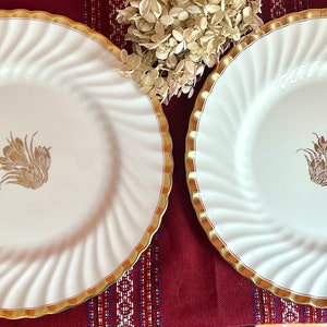May include: Two white ceramic dinner plates with a gold rim and a gold floral design in the center. The plates have a wavy, rippled design.