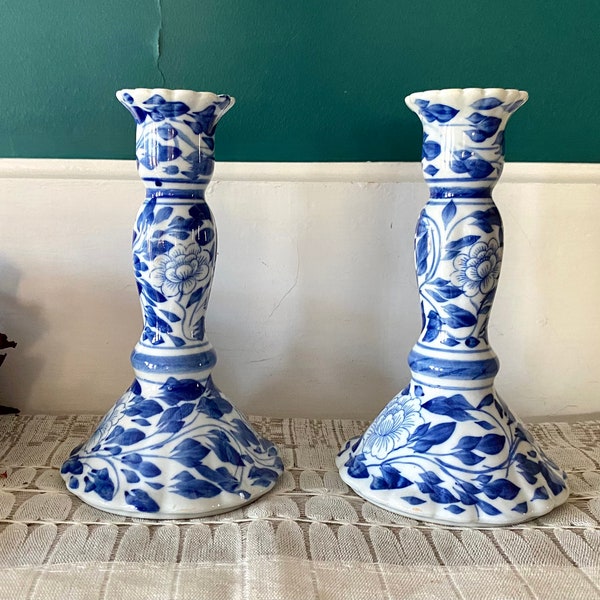 A Lovely Pair Of Ceramic Blue And White Candlesticks Shabbat Candle Holders