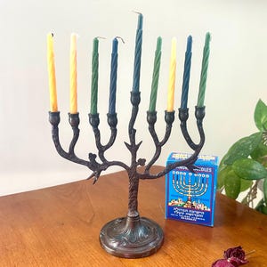 Hanukkah Menorah Footed Judaica Jewish Holiday Candelabra Traditional Design Tree Of Life Bronze
