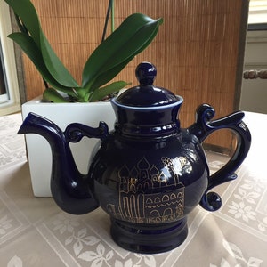 Vintage Porcelain Teapot Coffee Pot Dark Blue Cobalt 24K Gold Novgorod 1974 Russia USSR Hand Painted LS7 image 4