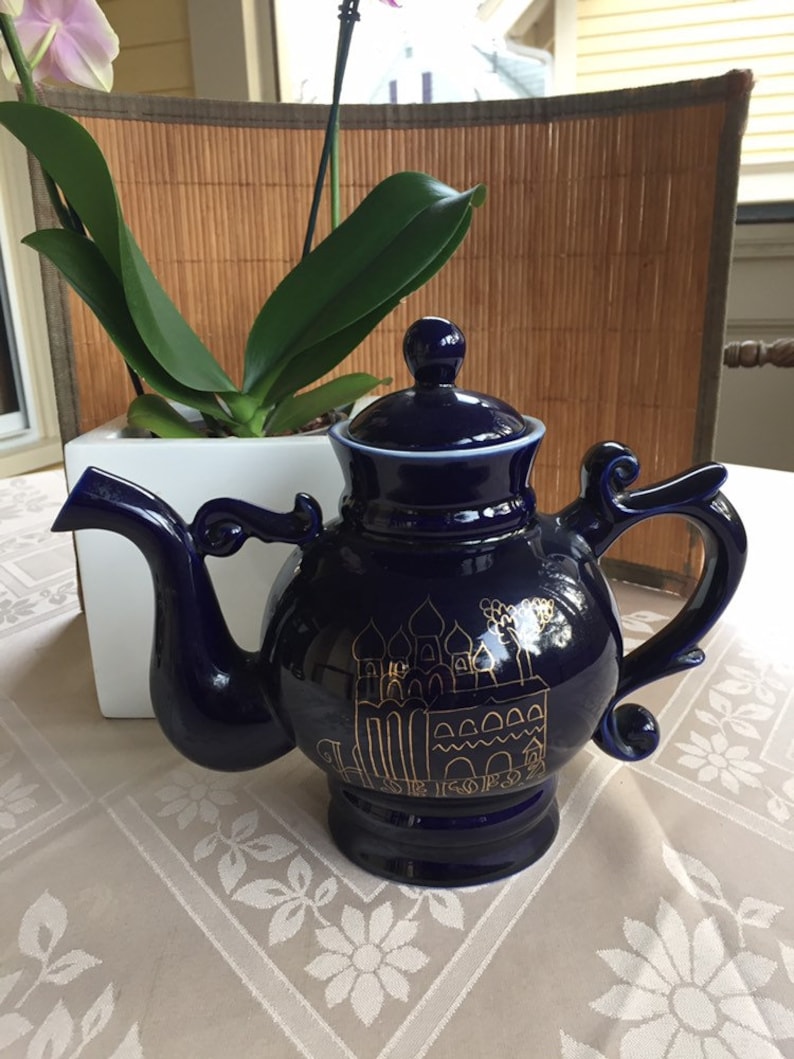 Vintage Porcelain Teapot Coffee Pot Dark Blue Cobalt 24K Gold Novgorod 1974 Russia USSR Hand Painted LS7 image 4