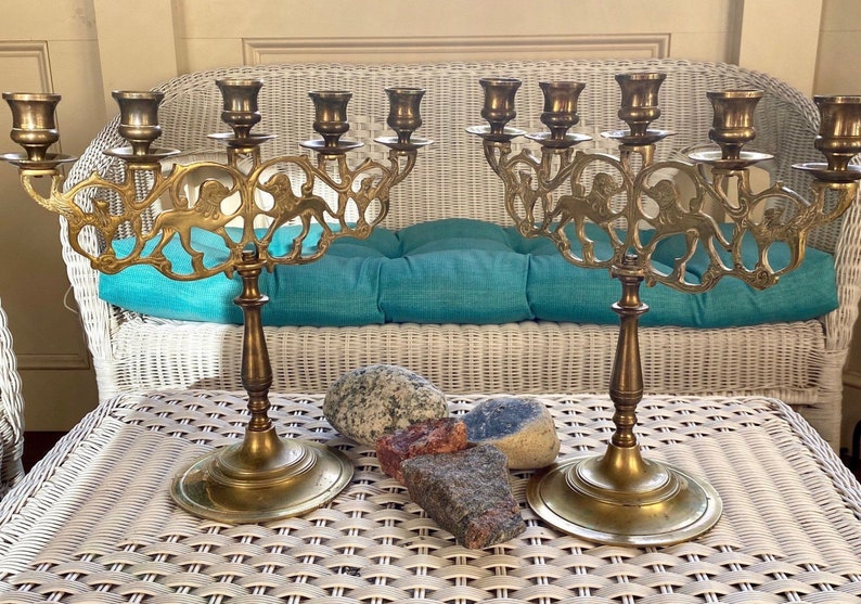 Beautiful Pair of Vintage Brass 5 Branch Candelabras Lions of Etsy