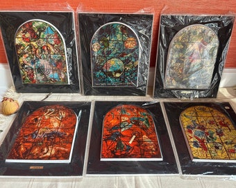 Six Vintage Marc Chagall Prints On Wood Stained Glass 1972 Avissar Wall Plaques Made In Israel